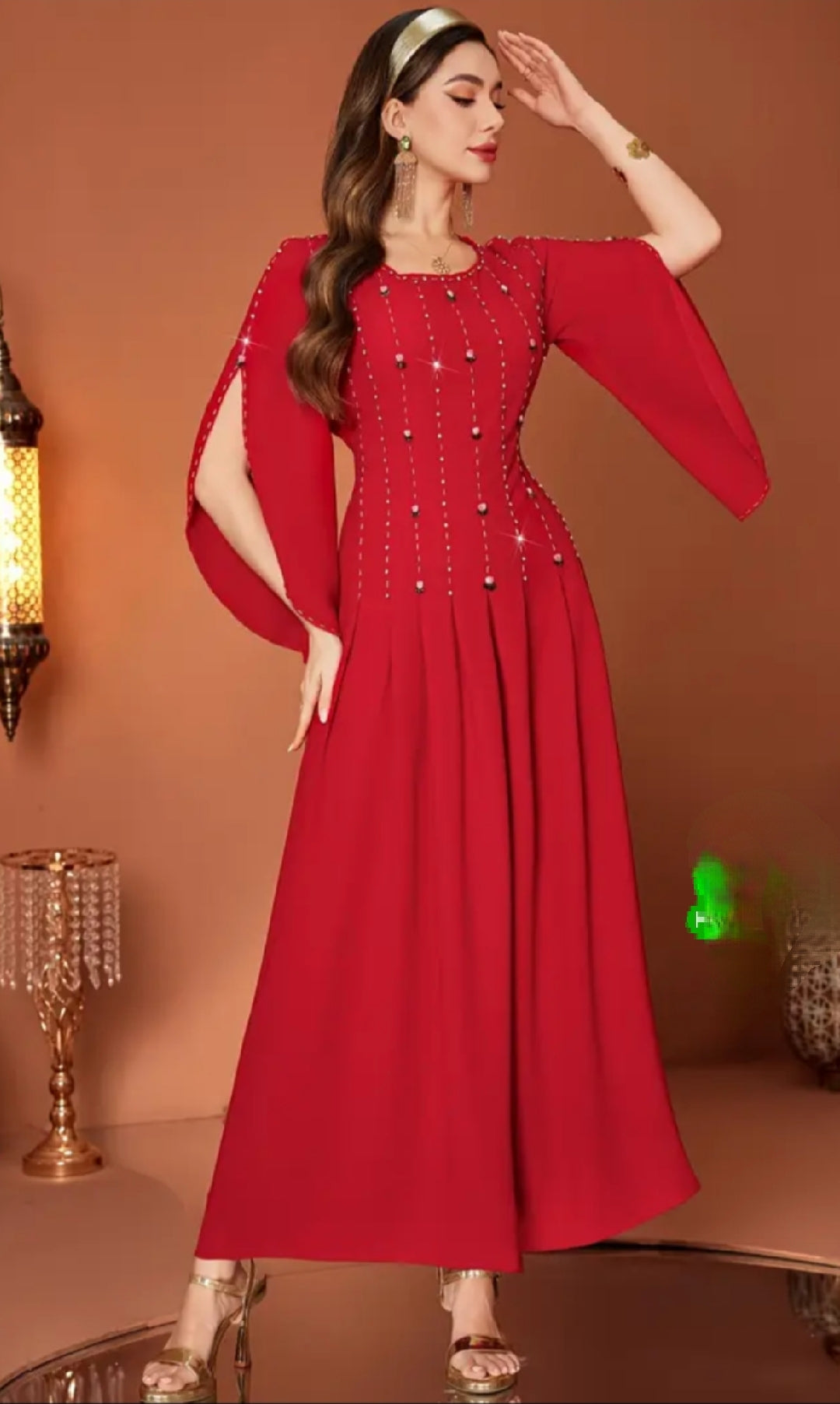 Half-Sleeve Pleated Maxi Dress
