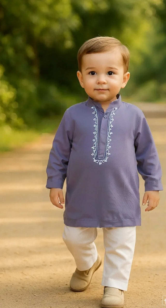 Little Gentleman's Embroidered Kurta & White Shalwar Set