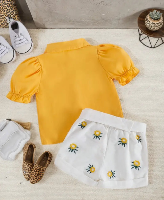 Western Style Bubble Color Sleeves Top & Shorts