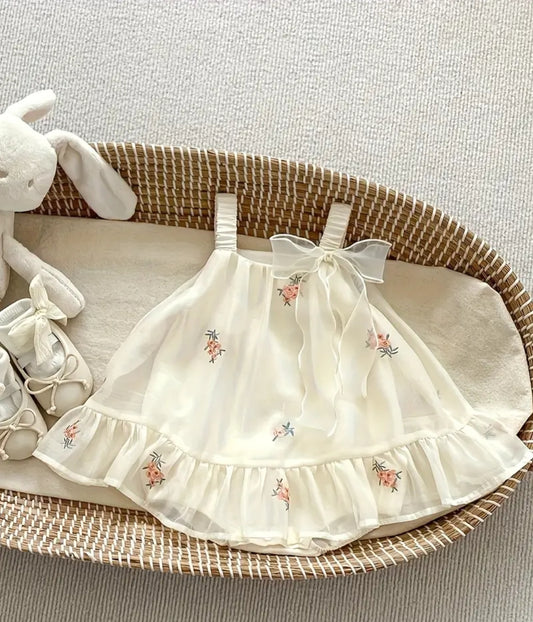Embroidered Tulle Bowknot Ruffle Trim Sleeveless Frock